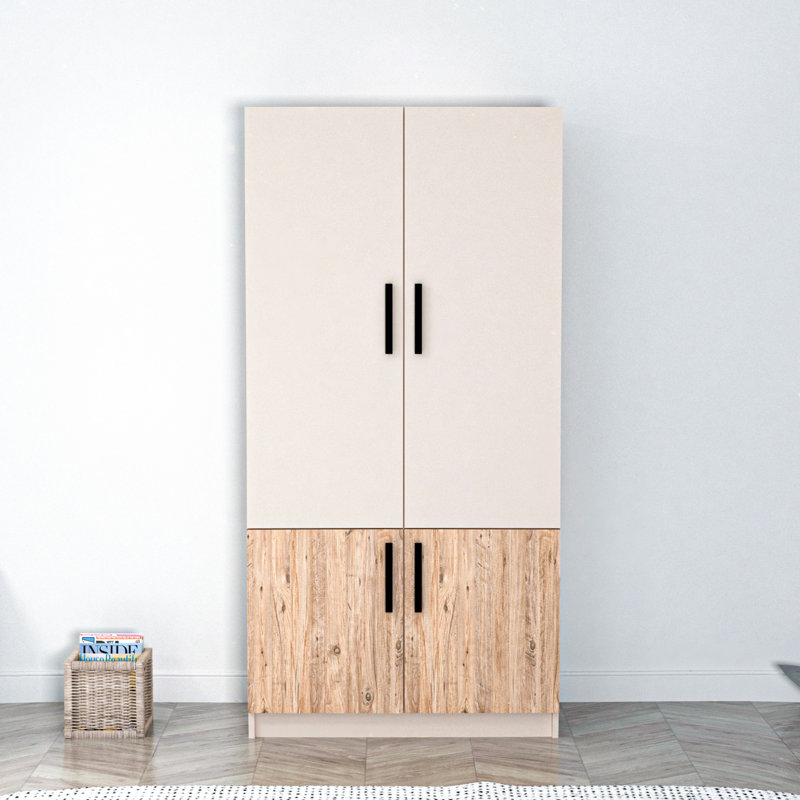 Berend 4 Door Manufactured Wood Wardrobe, 190cm H x 51cm W x 18.6cm D, Atlantic Pine/Beige