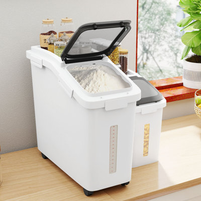 Balconera 65L/117 lbs Commercial Ingredient Storage Bin, 11.4 Gal + 5.8 Gal Large Rice Flour Storage Container with Measuring Cup, Scoop and Wheels, White with Black Lid
