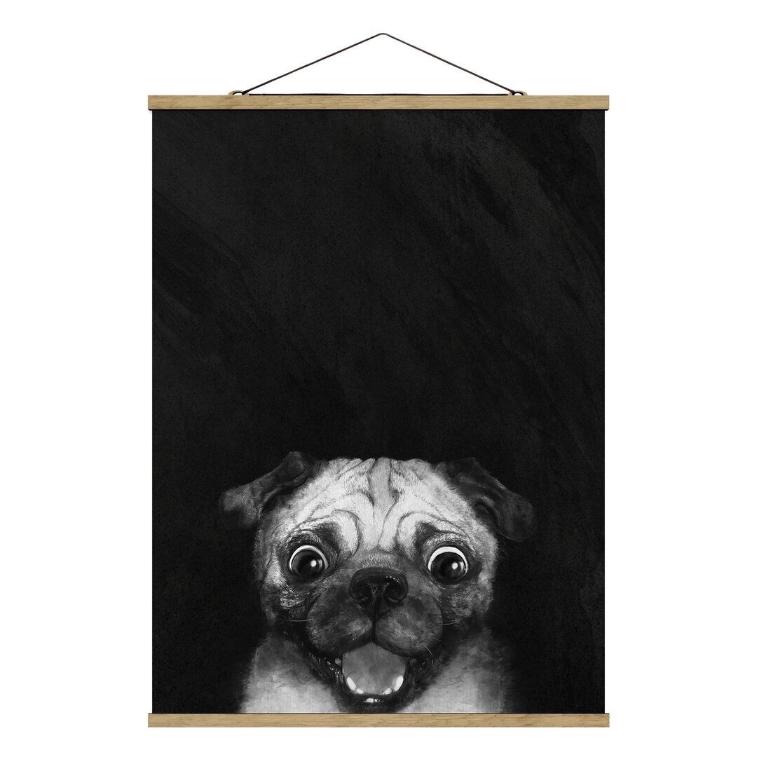 Stoffbild Illustration Dog Pug on Black White von Laura Graves