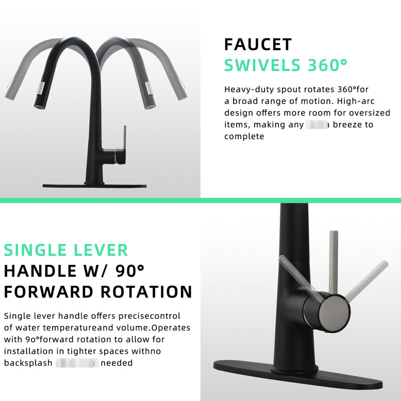Pull Out Kitchen Tap, Black, Single Handle, Deck Plate, Contemporary Look, Ceramic Filled, Brass Faucet Faucet, Plate Included, Contemporary, Filler,