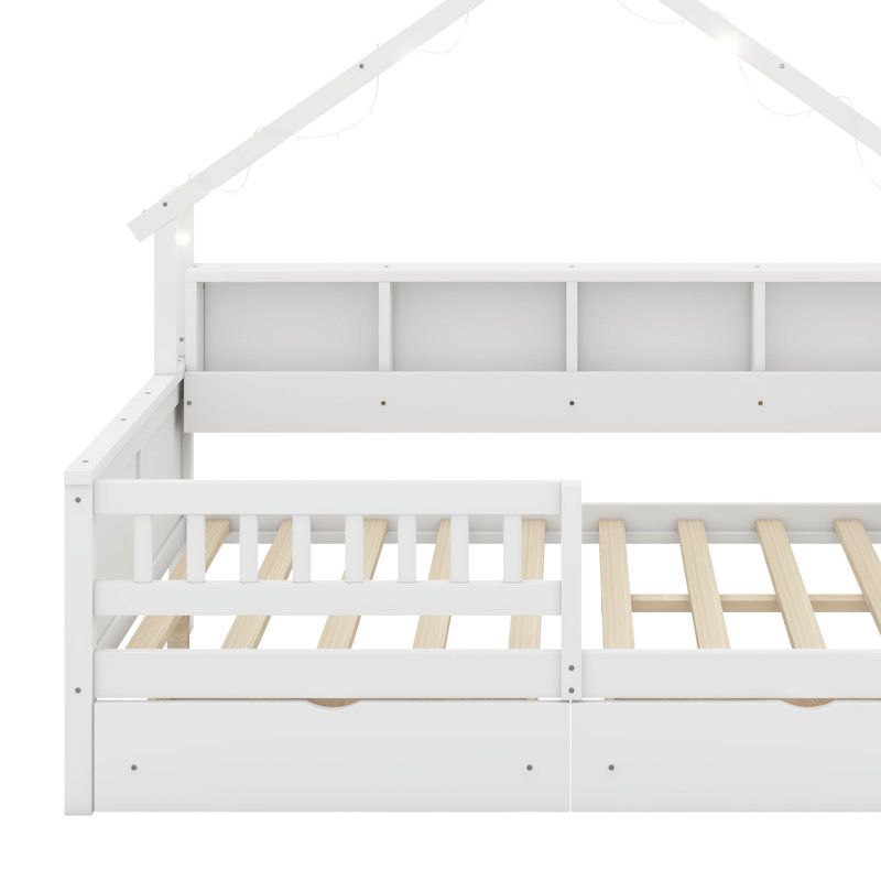 Lits plateforme pleine grandeur avec DEL, tablettes de rangement, tiroirs et garde-corps, Blanc