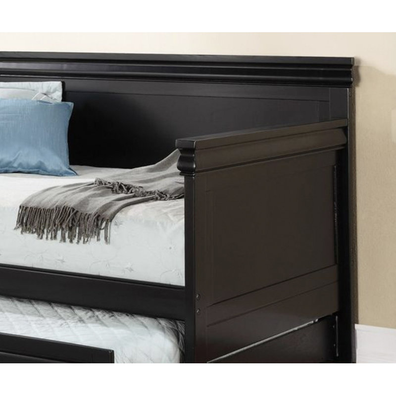 Classic Black Twin Daybed With Roll-Out Trundle - Wood Panel Frame, 13-Slat Support & No Box Spring - Sophisticated Look