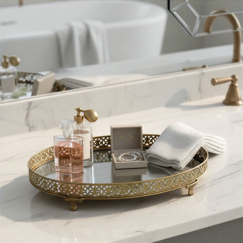 Metal Filigree Footed Tray With Mirror