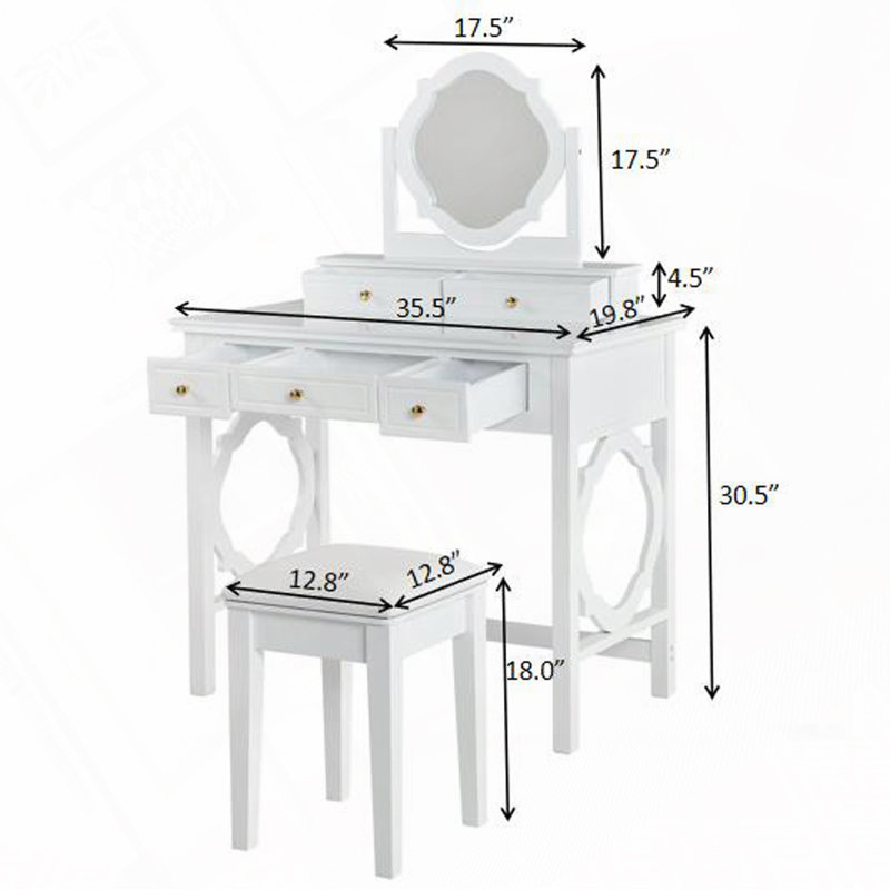 Makeup Vanity Table with Reversible Mirror and 5 Drawers, Stylish Dressing Table Set with Comfortable Stool