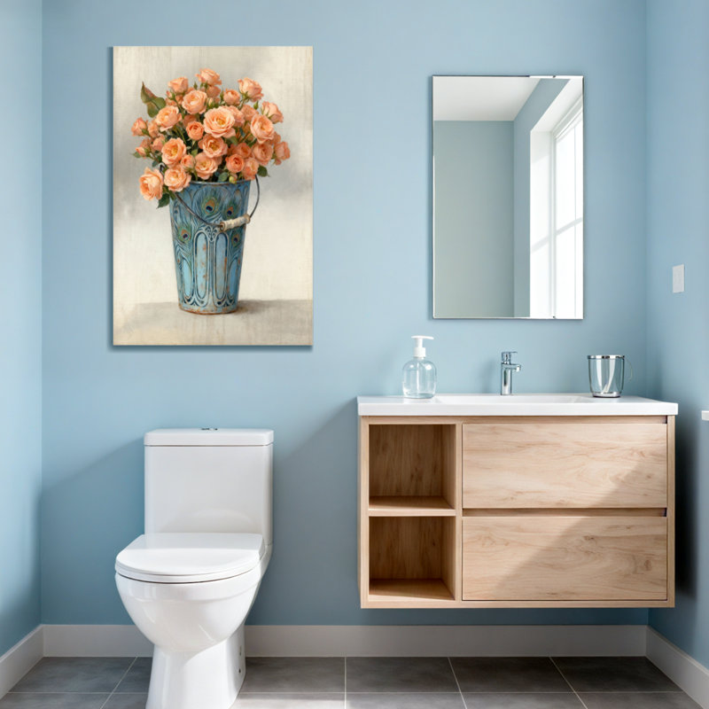 Plantes et fleurs, motif de paon, seau bleu, pêche, roses, H 30 po x l 20 po