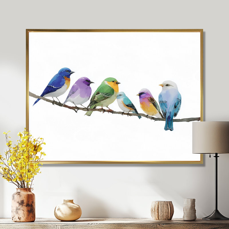 «Colorful Lovebirds Singing On A Branch», reproduction d'art sur toile mauve, H 16 po x l 32 po, Doré