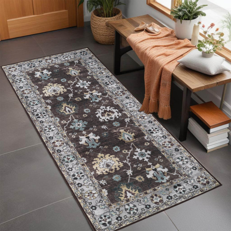 Flara Floral Geometric Border Washable 100% Indoor Area Rug, Runner 2'7" x 6'