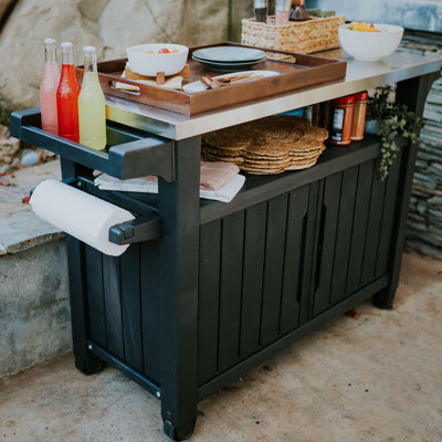 Table d'extérieur avec plateau en acier inoxydable pour la préparation de la cuisine et l'armoire de rangement extérieure