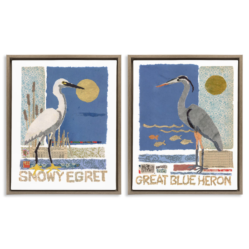 Ensemble de 2 cadres flottants Snowy Egret & Great Blue Heron, design par Nancy Overton, Cadre flottant orme Montalcino