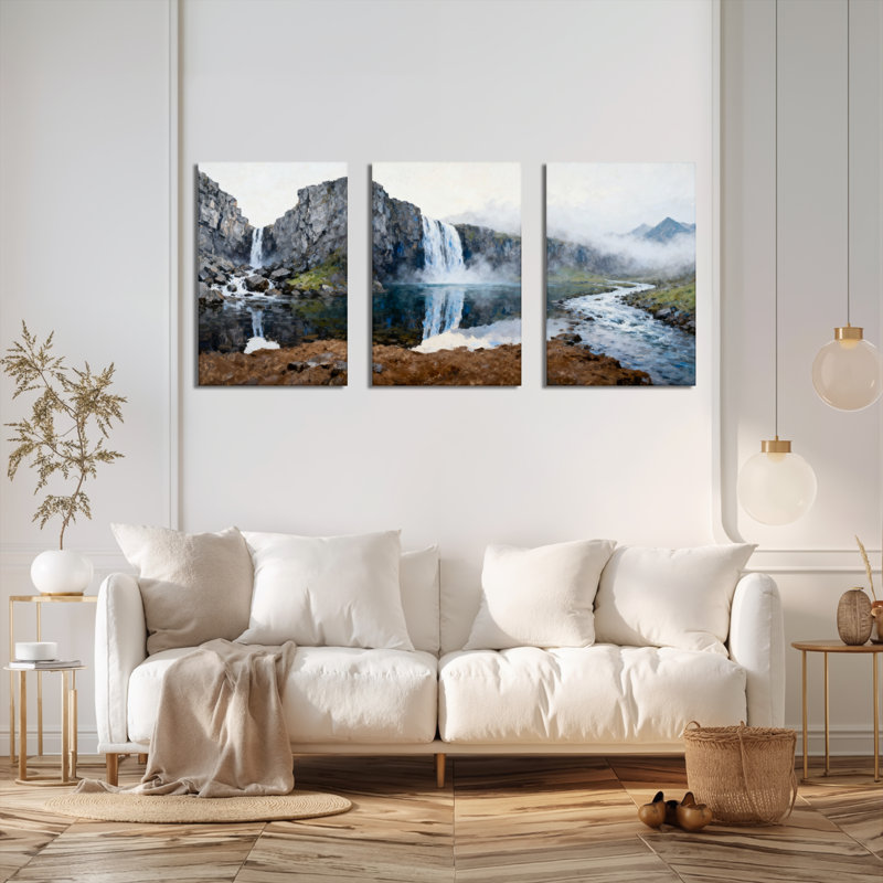 Tableau sur toile tendue représentant un paysage de cascade de montagne (ensemble de 3), H 36 po x l 72 po