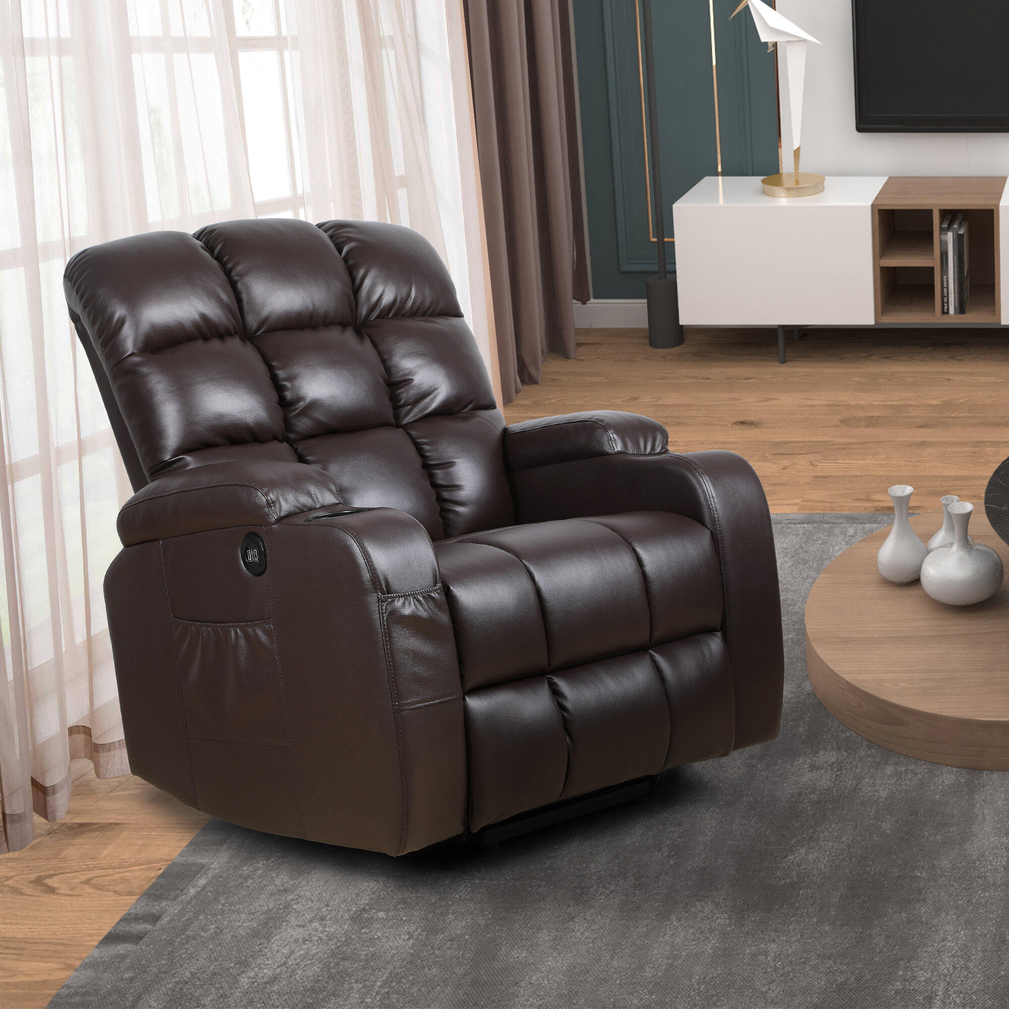 Vegan Leather Manual Swivel Rocker Glider Recliner Chair with Massage & Heat, Lumbar Pillow Included Ebern Designs Leather Type: Brown Faux Leather