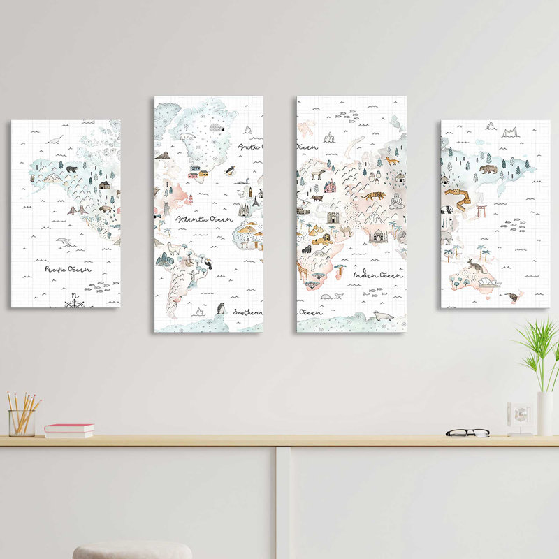 "World Traveller I" sur toile 4 pièces par Laura Marshall, impression, H 38 po x l 72 po x P 1,5 po