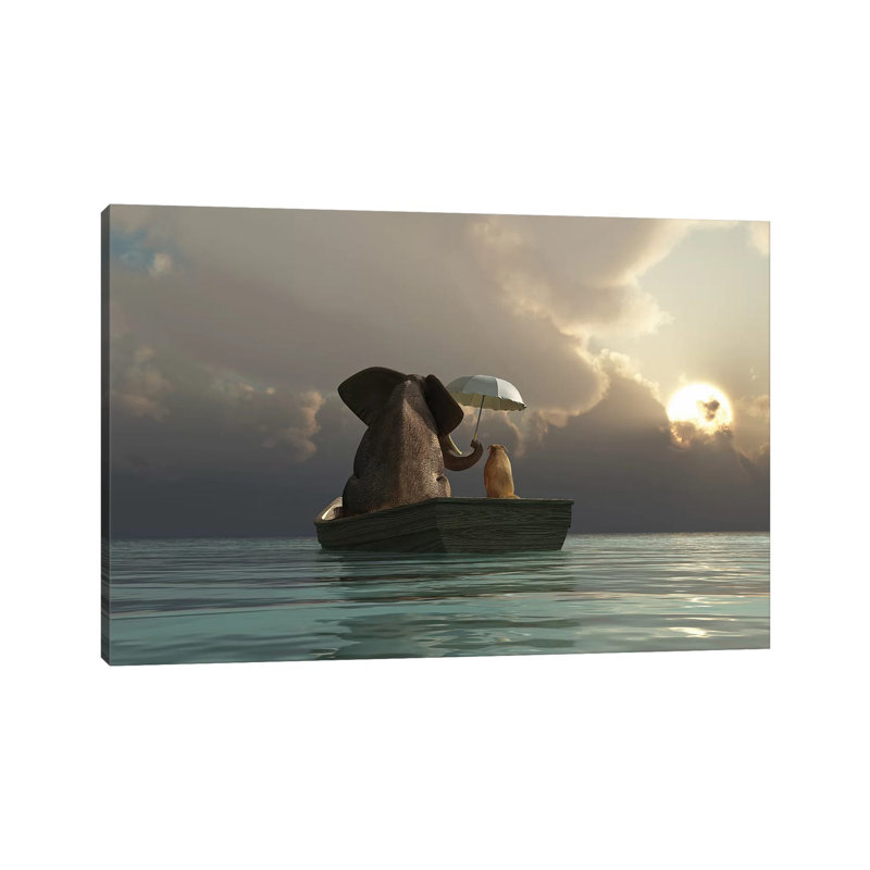Elephant And Dog Are Floating In A Boat by Mike Kiev - Wrapped Canvas Print, 20.32 cm H x 30.48 cm W x 1.91 cm D