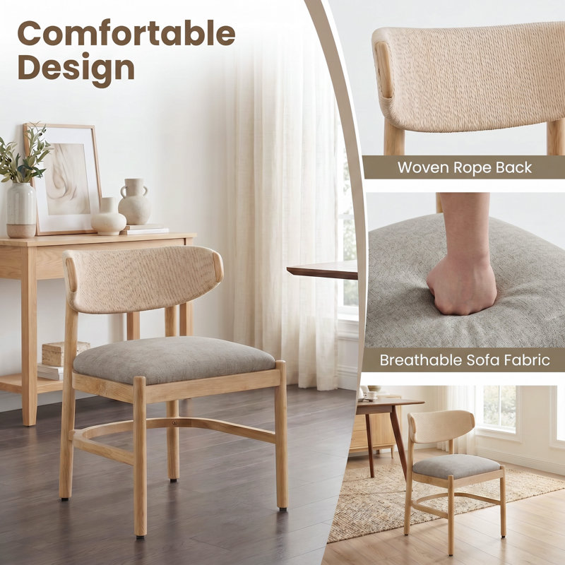 Organic Modern Solid Wood Dining Chair with Woven Paper Cord Back, Khaki Polyester