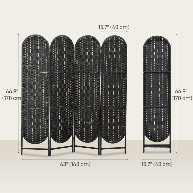 Paravent 4 panneaux, paravent pliable bohémien, noir, Noir