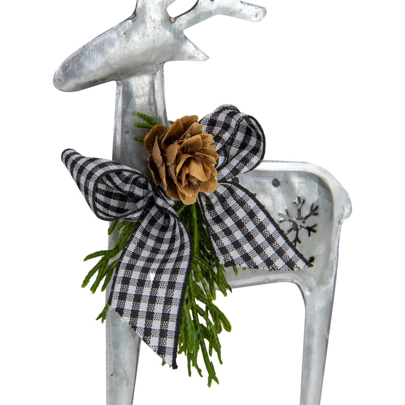 Ornement de Noël renne en métal argenté 6,25 "avec nœud papillon vichy noir et pin, Noir