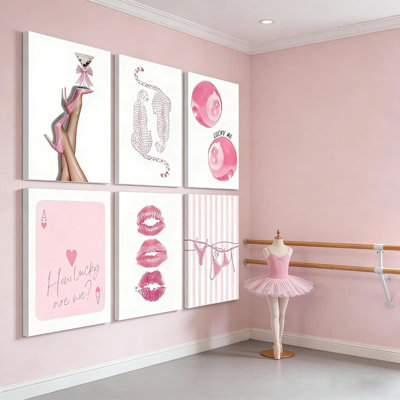 6 pièces coquette rose à la mode art mural rose BCBG Y2K peinture photo décoration murale Funky Leopard Hot Girly Lips Lucky 8 Ball affiche impression pour chambre de fille appartement dortoir décoration de la maison