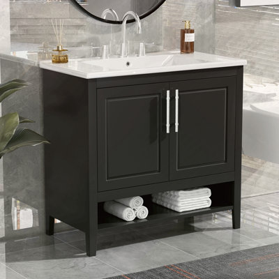 Meuble-lavabo 36 po avec lavabo, armoire de salle de bain multifonctionnelle avec portes et tiroirs, structure en panneau de fibres à densité moyenne et panneau de fibres à densité moyenne