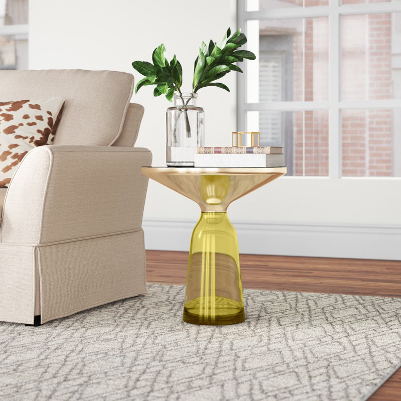Pangea Home Belinda Hand Blown Glass Pedestal Side End Table - Modern Glass Side Table – Artisan Glass Accent Table for Living Room, Office, or Bedroom - Yellow Round Glass Side End Table