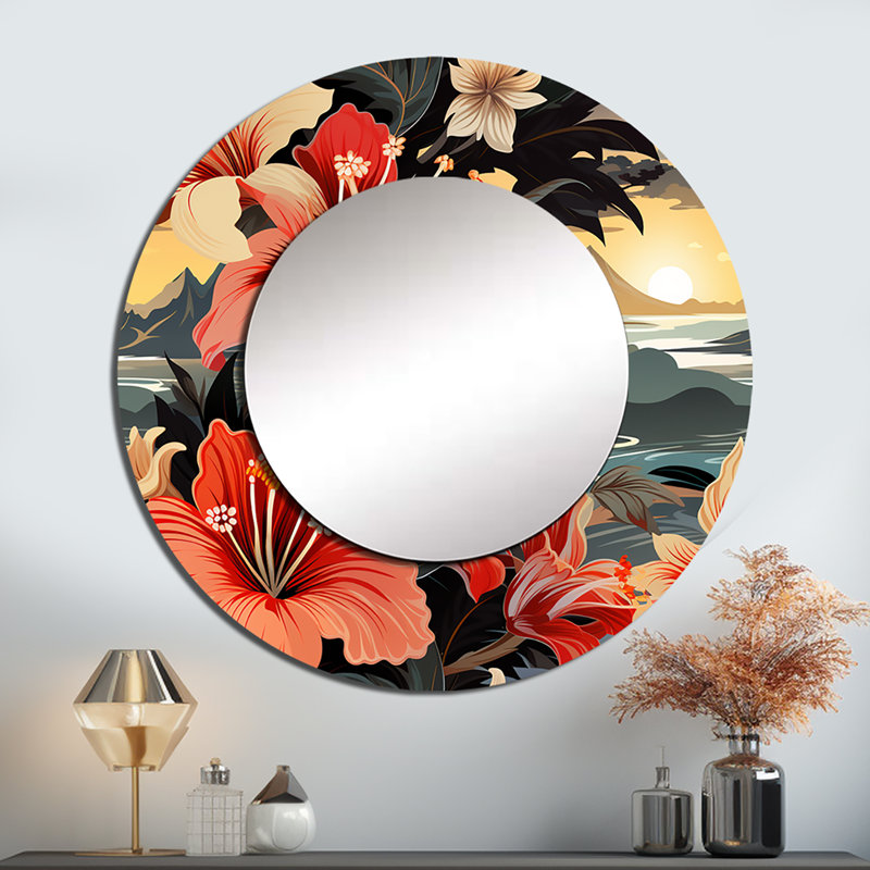 Motif botanique tropical coucher de soleil - miroir mural décoratif floral, miroir rond rose, impression d'art en métal