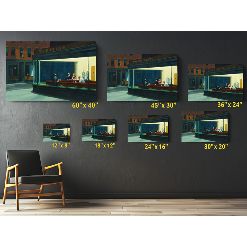 «Nighthawks» par Edward Hopper, reproduction sur toile, H 24 po x l 36 po