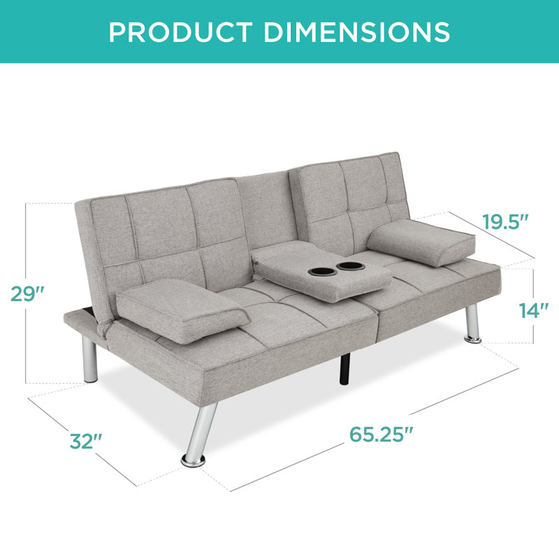 Latsia Modern Linen Convertible Futon Sofa Bed w/ Removable Armrests, Metal Legs, Cupholders, Light Gray
