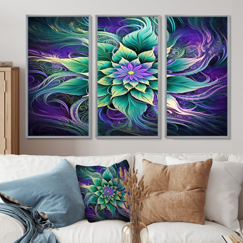 Vibrant Green Future Flower - Boho Mandala Wall Art Print Set, 40" H x 60" W x 1" D, Silver Floater Framed