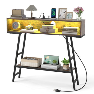 Console de 101,6 cm (40 po) avec prises électriques, table d'entrée à 3 niveaux avec tablette DEL RVB, marron et noir/noir/blanc et or