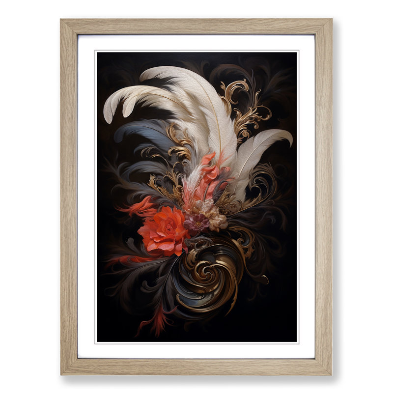 Feather Baroque - Single Picture Frame Print on Wood, 34cm H x 25cm W x 2cm D, Oak