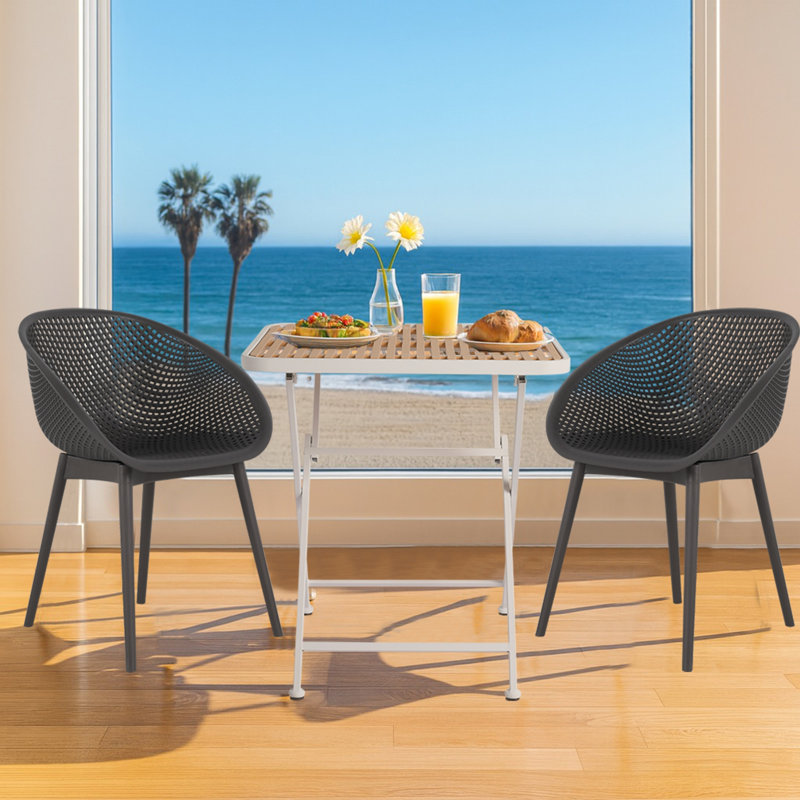 2-Pack Warm Grey Modern Lounge Chairs – Indoor/Outdoor All-Weather PP Plastic with Modern folding indoor/outdoor  multi-functional square table- PP tabletop with metal legs