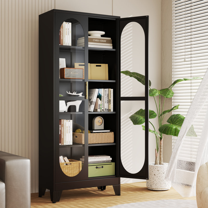 75"H Tall Display Cabinet with Glass Doors and 4 Adjustable Shelves, Black