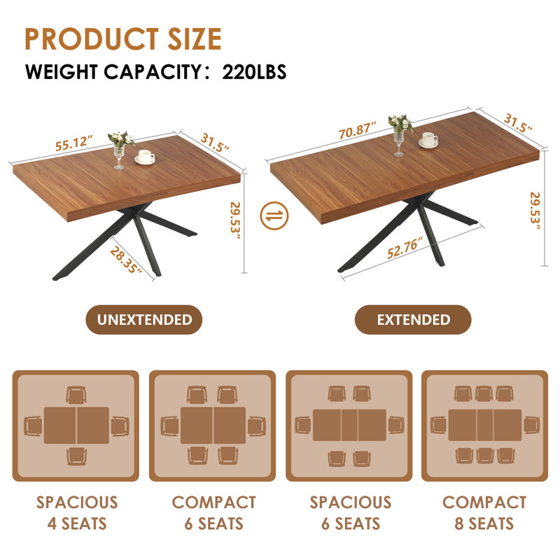 55''-70.9'' Extendable Dining Table - Hidden Storage, Farmhouse Style Space Saver, Seats 4-8 People For Dining Room/ Kitchen/ Office