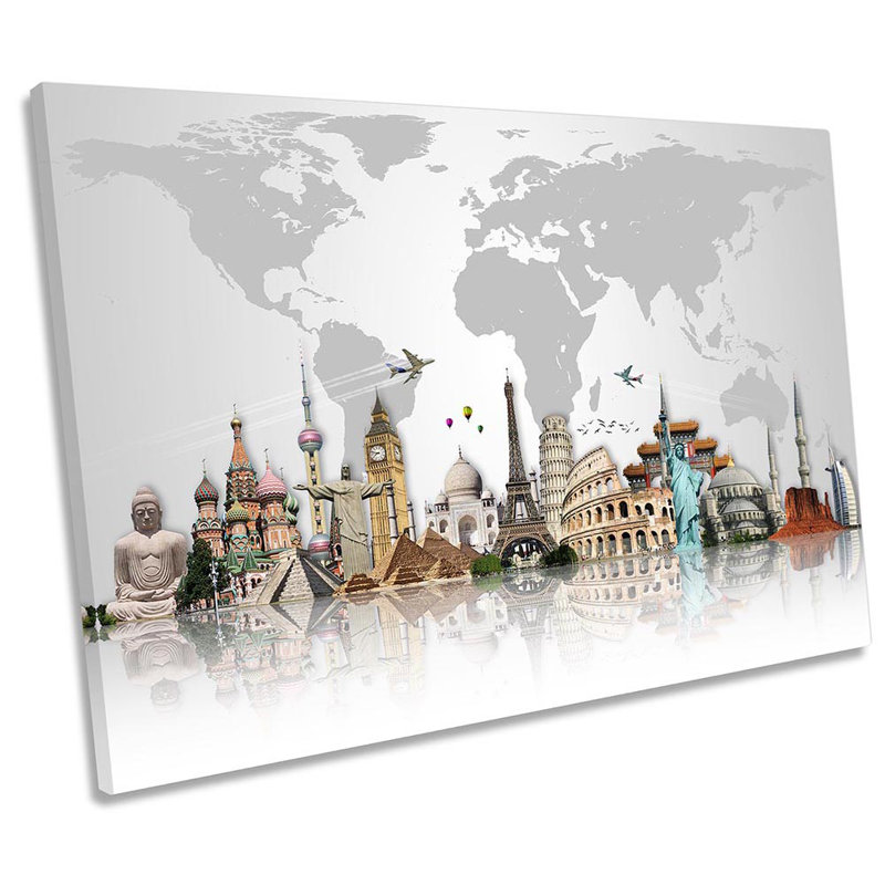 Famous Landmarks World Map - Wrapped Canvas Print, 40.6cm H x 61cm W x 2cm D