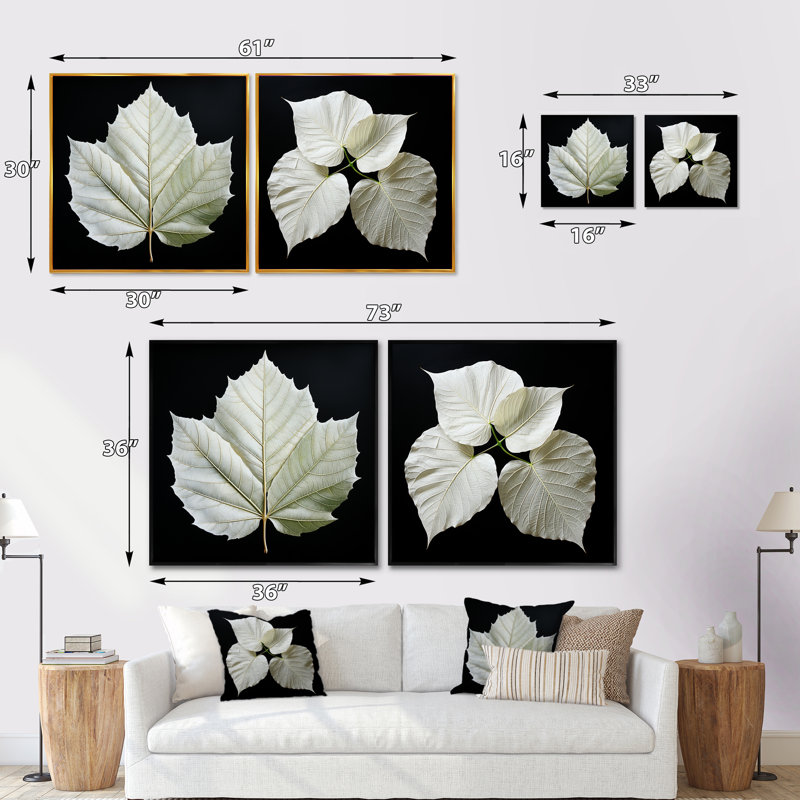 Ensemble de 2 feuilles noires et blanches en feuilles sur un plateau de collage carré, Cadre flottant noir, H 36 po x l 73 po