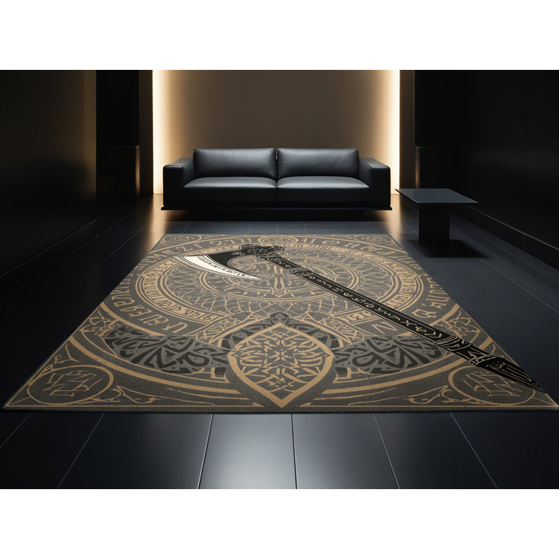 Soft Plush Duppstadt Rune Covered Axe Classic Oriental Area Rug in Black – Black Binding, 7x9