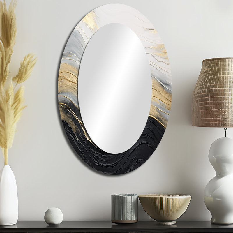 Soft Wave Fusion II - Beige Modern Oval Wall Mirror, 36" x 24"