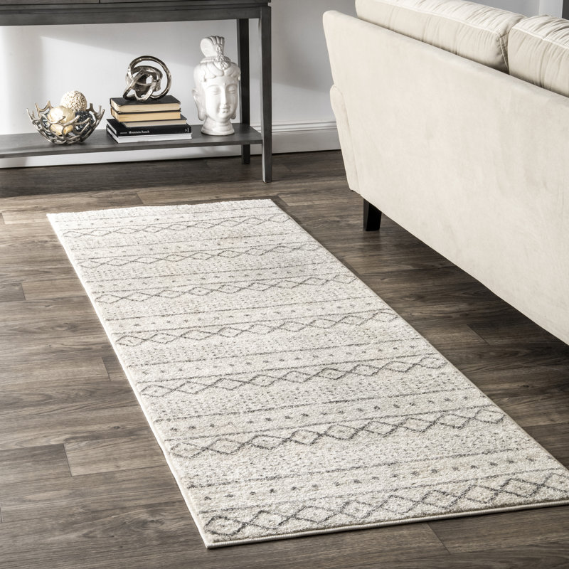 Tapis blanc cassé à motif géométrique Januario, Tapis de couloir 2 pi 8 po x 8 pi