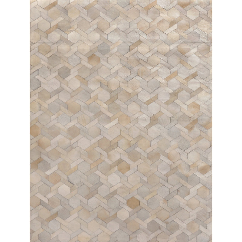 Natural Hide Cowhide Geometric Area Rug in Ivory, Rectangle 8' x 11'