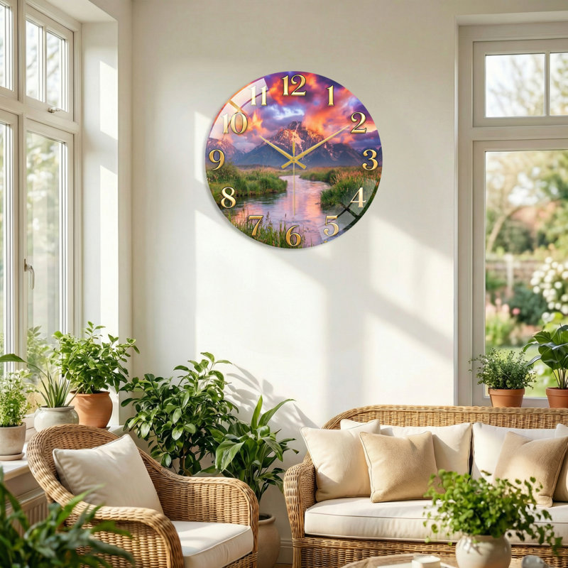"Mountain Stream", horloge murale en verre, 40 x 40 cm (15,7 x 15,7 pouces)