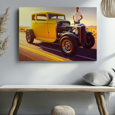 Wall Art Bright Yellow Vintage Hot Rod Classic Americana Custom Car Art Canvas Ready To Hang Gallery Wrapped Home Decor Modern Design