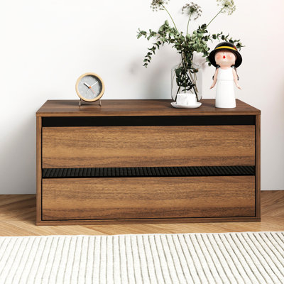 Organizer For Home Living Areas - Stackable Mounted Storage Cabinet, 2 Drawers, 28.35*13.54*13.91 Inches, Walnut Colored, Particle Board + Display And