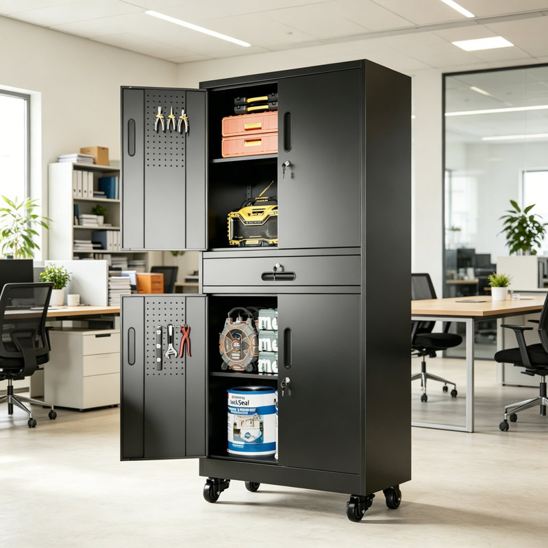 Armoire de rangement en métal avec tiroir, portes verrouillables et 2 tablettes réglables