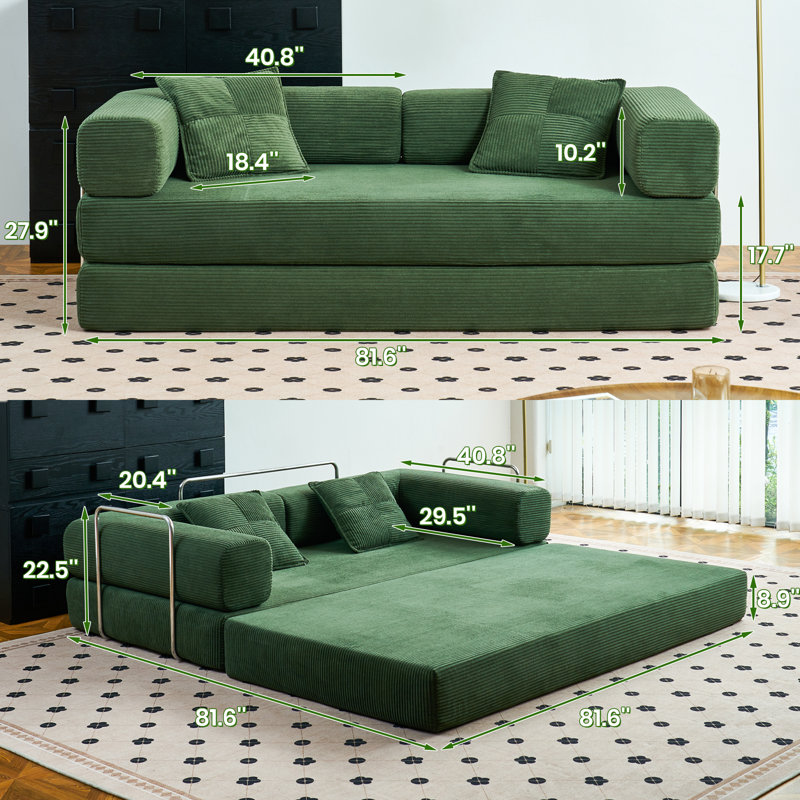 81.6" King Size Convertible Sleeper Sofa Bed With 2 Pillows, Corduroy Folding Mattress Couch Removable And Washable Sofa , Floor Sofa Lounge Couch For Living Room Small Spaces