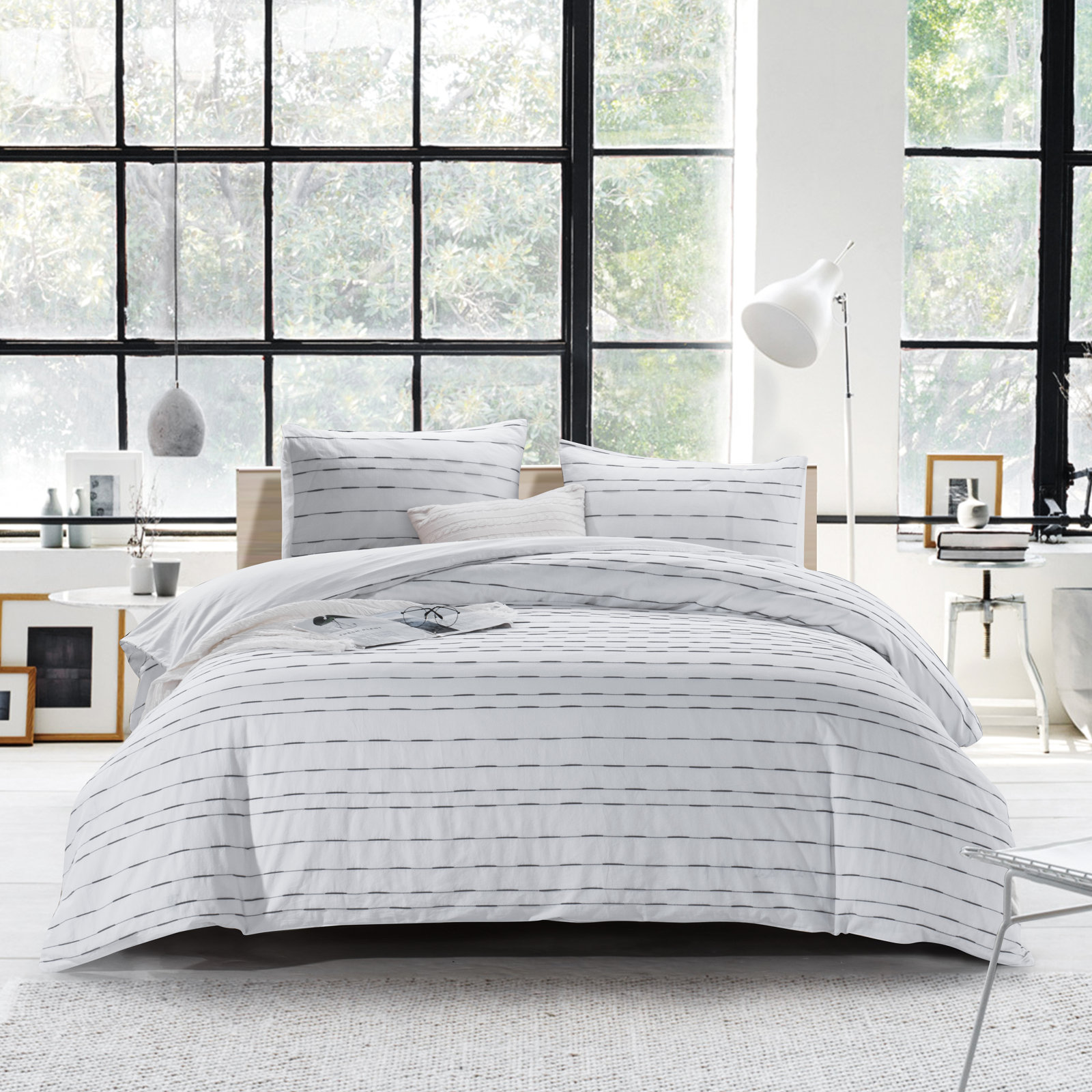 Zari Cotton Percale Duvet Cover Set, Queen Duvet Cover + 2 Shams, White/Gray
