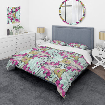 Purple And Green Flower Ikat Polyester Ikat Duvet Cover
