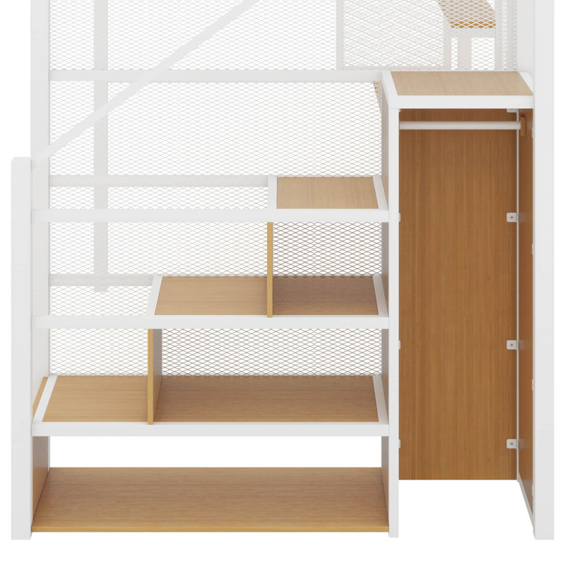 Lit mezzanine double en métal avec garde-robe, bureau et tablettes de rangement, Blanc / Brun