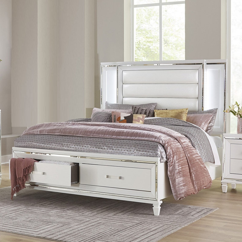 Lit plateforme blanc glamour avec pied de lit de rangement, éclairage DEL, tête de lit rembourrée, hauteur réglable, mobilier de chambre 1 pièce