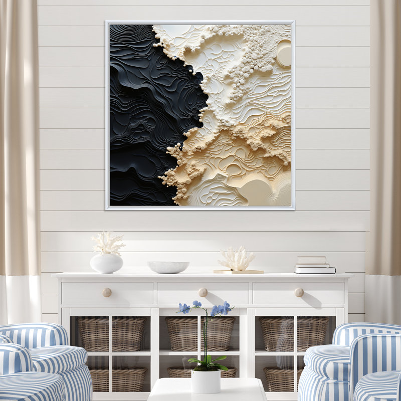 Abstrait crème et noir liquide, reproduction d'art sur toile côtière, Reproduction avec cadre flottant, H 30 po x l 30 po