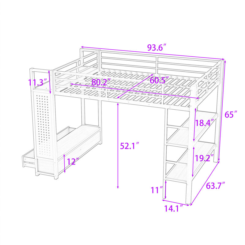Lit mezzanine en métal avec 2 tiroirs et tablettes, Grand