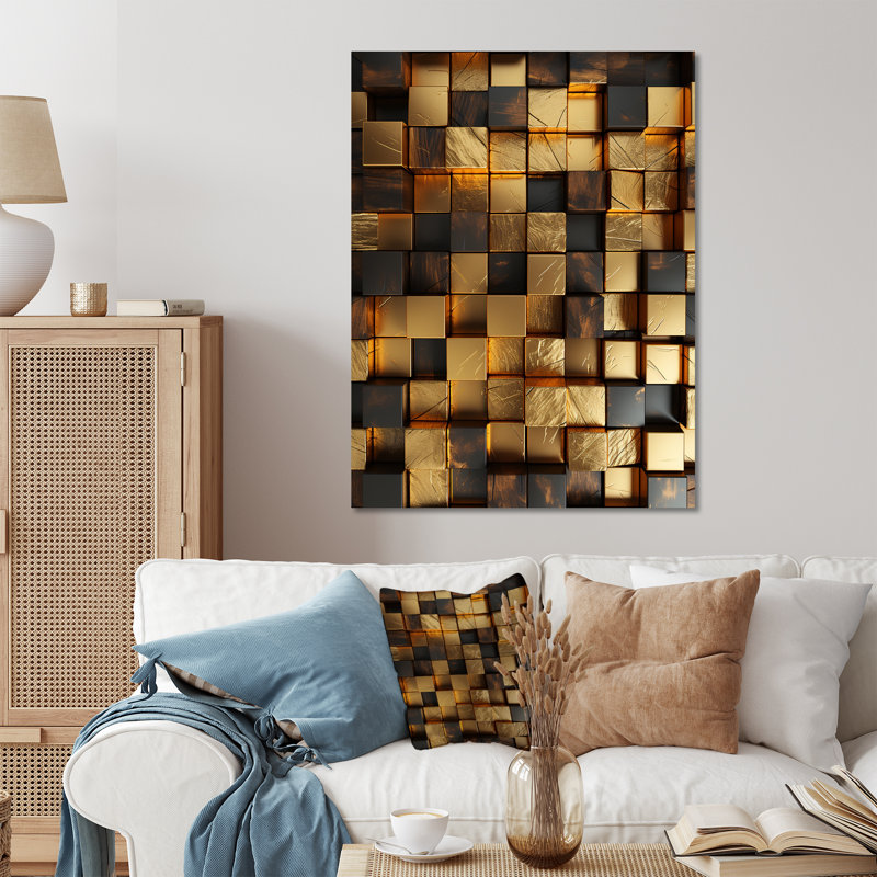 Cubes abstraits noirs et dorés I - art mural géométrique en métal, H 32 po x l 16 po x P 1 po
